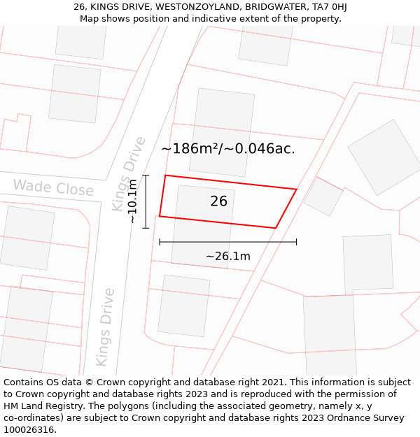 26, KINGS DRIVE, WESTONZOYLAND, BRIDGWATER, TA7 0HJ: Plot and title map