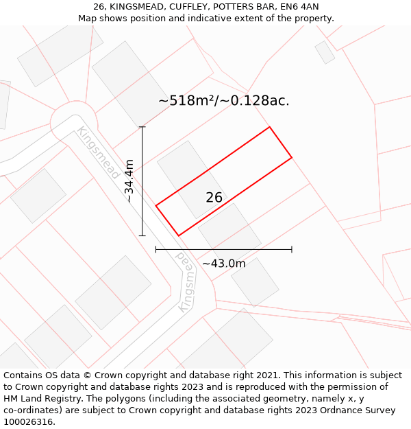 26, KINGSMEAD, CUFFLEY, POTTERS BAR, EN6 4AN: Plot and title map