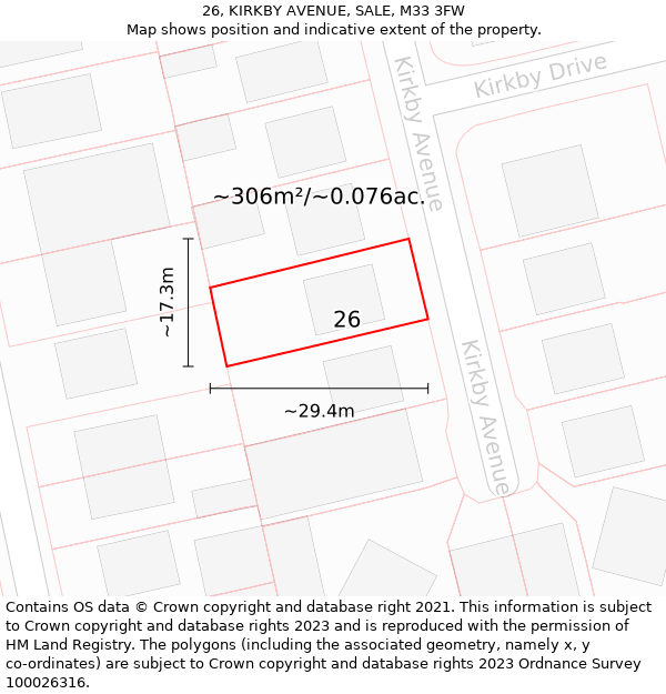 26, KIRKBY AVENUE, SALE, M33 3FW: Plot and title map