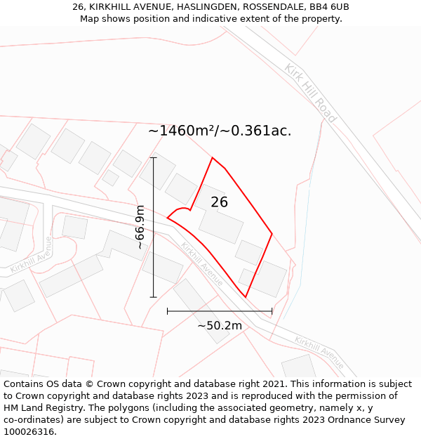 26, KIRKHILL AVENUE, HASLINGDEN, ROSSENDALE, BB4 6UB: Plot and title map