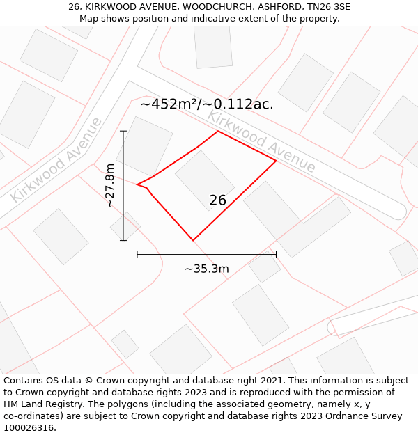 26, KIRKWOOD AVENUE, WOODCHURCH, ASHFORD, TN26 3SE: Plot and title map