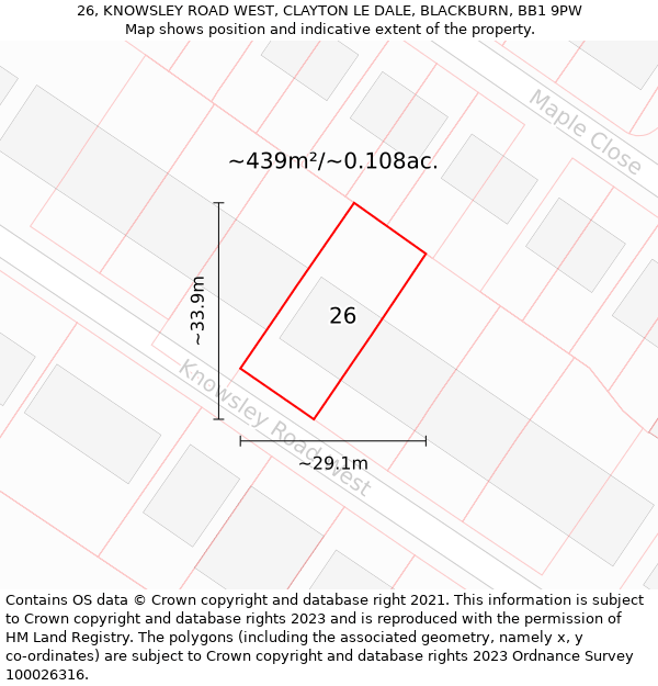 26, KNOWSLEY ROAD WEST, CLAYTON LE DALE, BLACKBURN, BB1 9PW: Plot and title map