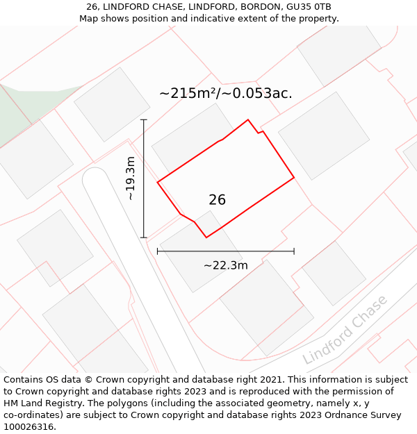 26, LINDFORD CHASE, LINDFORD, BORDON, GU35 0TB: Plot and title map