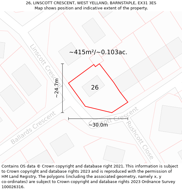 26, LINSCOTT CRESCENT, WEST YELLAND, BARNSTAPLE, EX31 3ES: Plot and title map