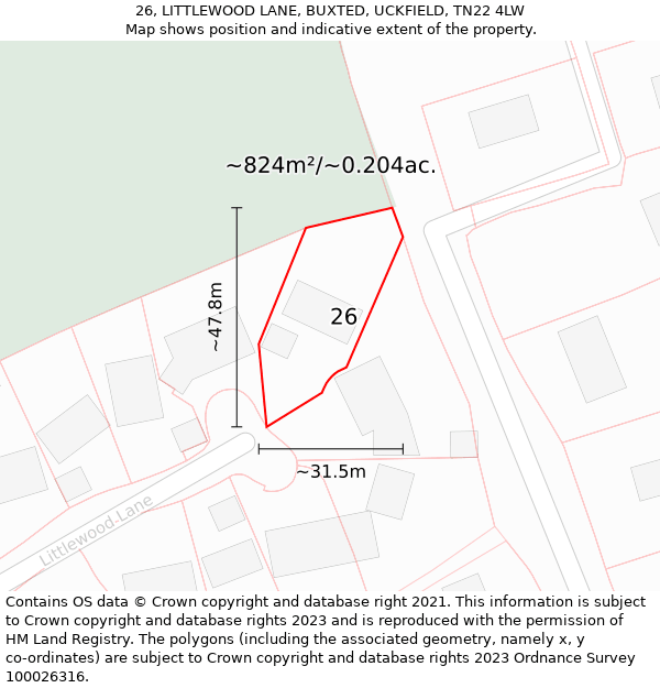 26, LITTLEWOOD LANE, BUXTED, UCKFIELD, TN22 4LW: Plot and title map