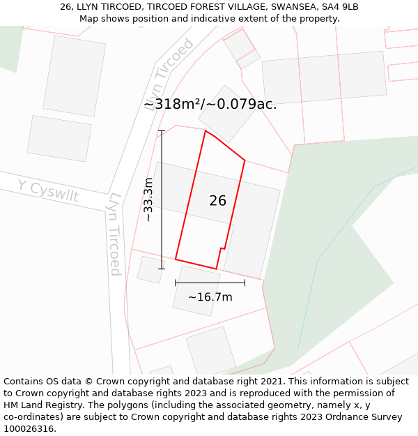 26, LLYN TIRCOED, TIRCOED FOREST VILLAGE, SWANSEA, SA4 9LB: Plot and title map