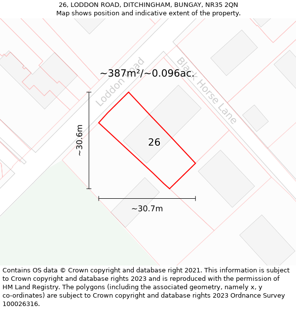 26, LODDON ROAD, DITCHINGHAM, BUNGAY, NR35 2QN: Plot and title map