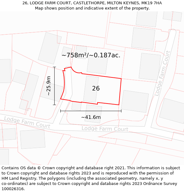 26, LODGE FARM COURT, CASTLETHORPE, MILTON KEYNES, MK19 7HA: Plot and title map