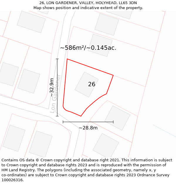 26, LON GARDENER, VALLEY, HOLYHEAD, LL65 3DN: Plot and title map