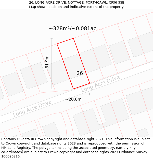 26, LONG ACRE DRIVE, NOTTAGE, PORTHCAWL, CF36 3SB: Plot and title map