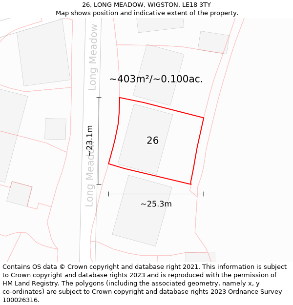 26, LONG MEADOW, WIGSTON, LE18 3TY: Plot and title map