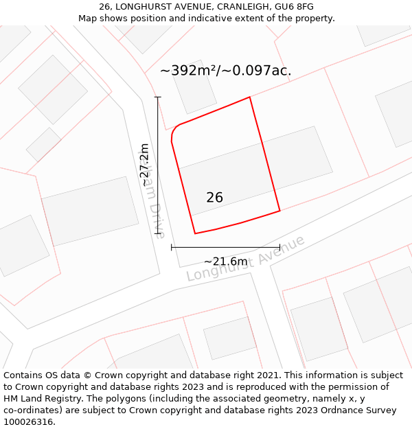 26, LONGHURST AVENUE, CRANLEIGH, GU6 8FG: Plot and title map