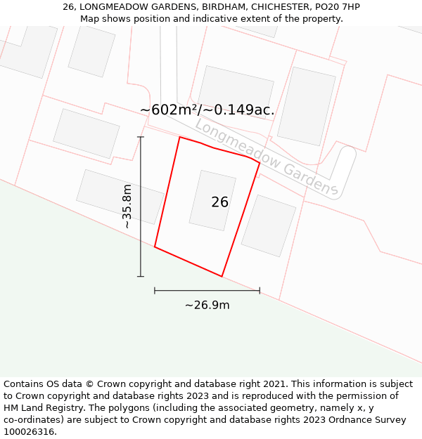 26, LONGMEADOW GARDENS, BIRDHAM, CHICHESTER, PO20 7HP: Plot and title map