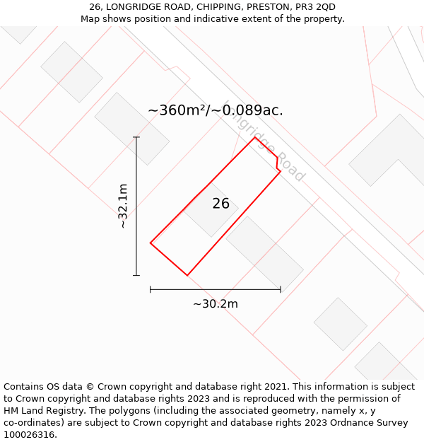 26, LONGRIDGE ROAD, CHIPPING, PRESTON, PR3 2QD: Plot and title map