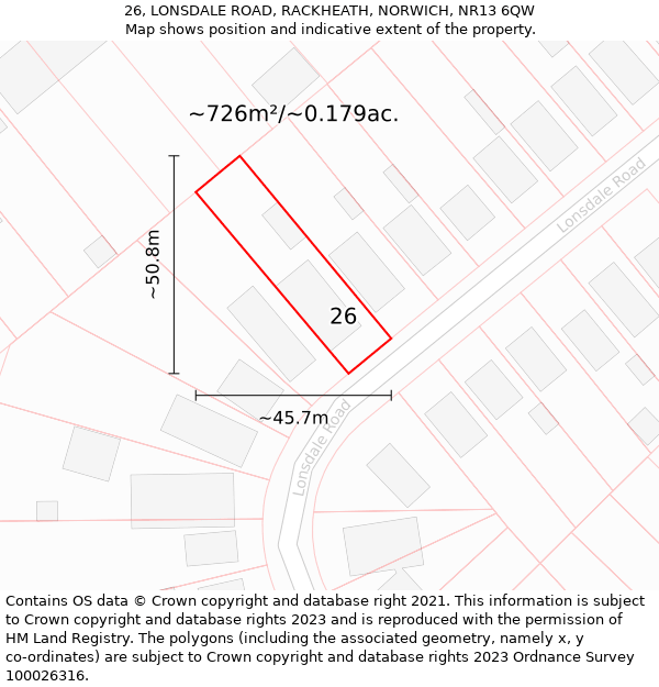 26, LONSDALE ROAD, RACKHEATH, NORWICH, NR13 6QW: Plot and title map
