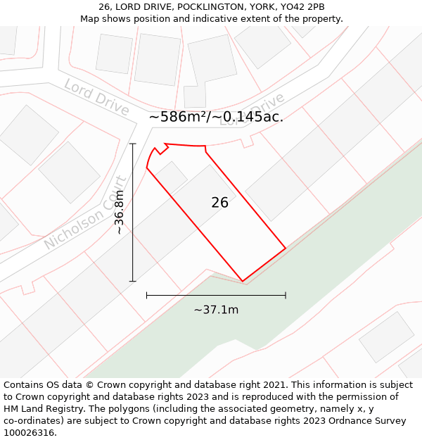 26, LORD DRIVE, POCKLINGTON, YORK, YO42 2PB: Plot and title map