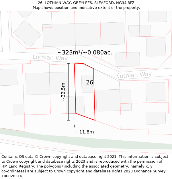 26, LOTHIAN WAY, GREYLEES, SLEAFORD, NG34 8FZ: Plot and title map