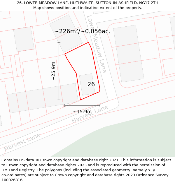 26, LOWER MEADOW LANE, HUTHWAITE, SUTTON-IN-ASHFIELD, NG17 2TH: Plot and title map