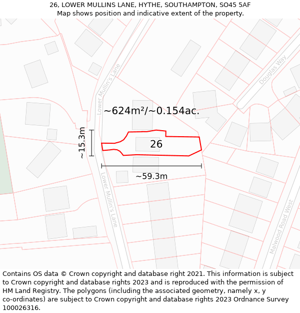 26, LOWER MULLINS LANE, HYTHE, SOUTHAMPTON, SO45 5AF: Plot and title map