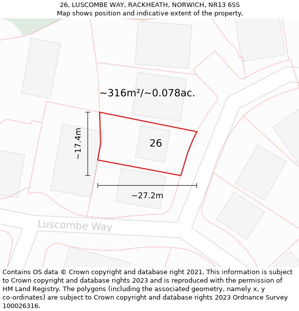 26, LUSCOMBE WAY, RACKHEATH, NORWICH, NR13 6SS: Plot and title map