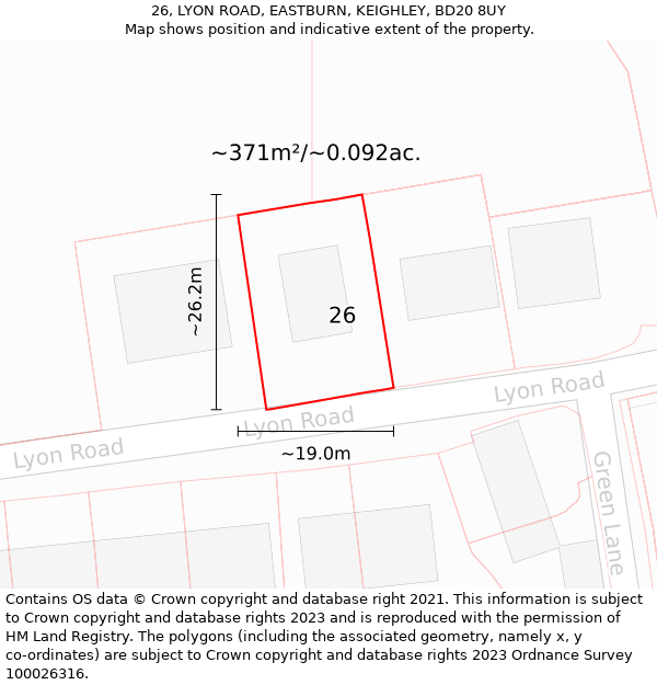 26, LYON ROAD, EASTBURN, KEIGHLEY, BD20 8UY: Plot and title map