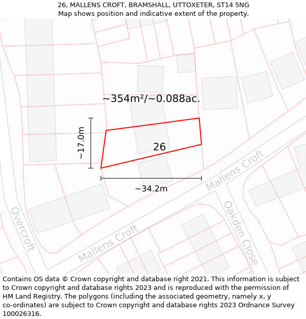 26, MALLENS CROFT, BRAMSHALL, UTTOXETER, ST14 5NG: Plot and title map