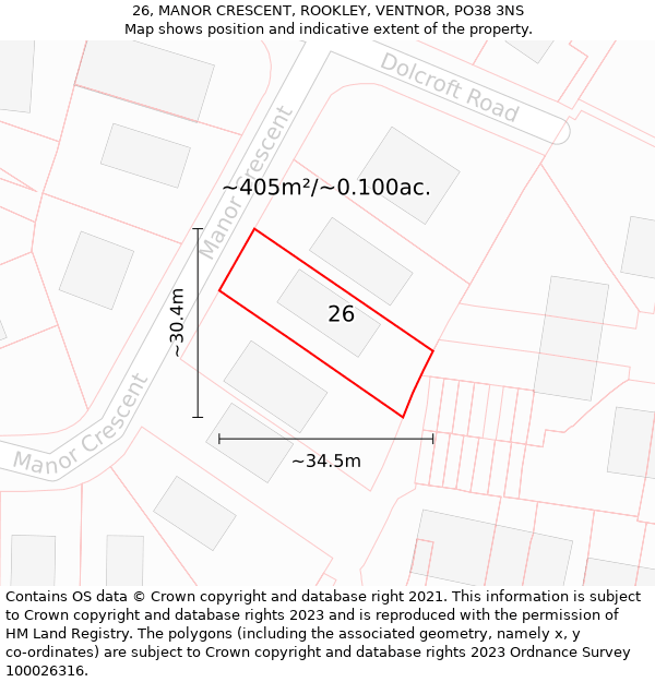 26, MANOR CRESCENT, ROOKLEY, VENTNOR, PO38 3NS: Plot and title map