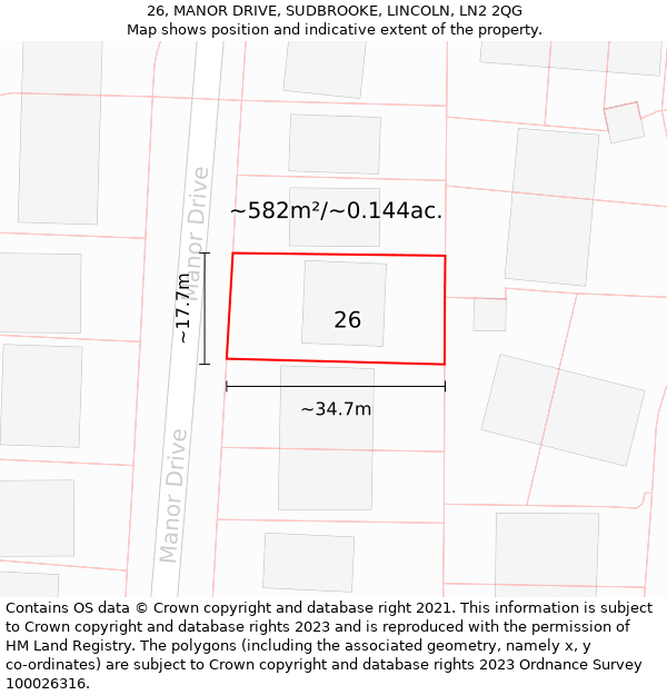 26, MANOR DRIVE, SUDBROOKE, LINCOLN, LN2 2QG: Plot and title map