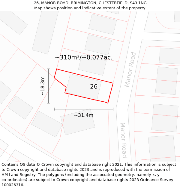 26, MANOR ROAD, BRIMINGTON, CHESTERFIELD, S43 1NG: Plot and title map