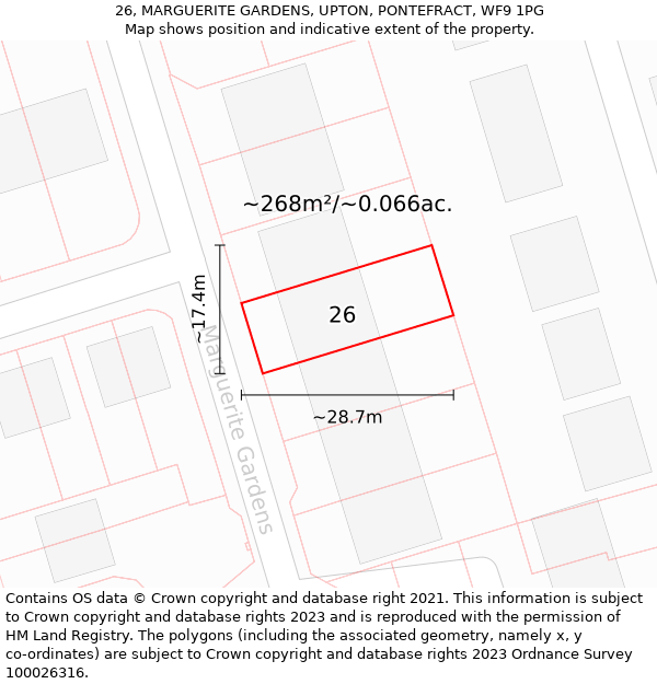 26, MARGUERITE GARDENS, UPTON, PONTEFRACT, WF9 1PG: Plot and title map