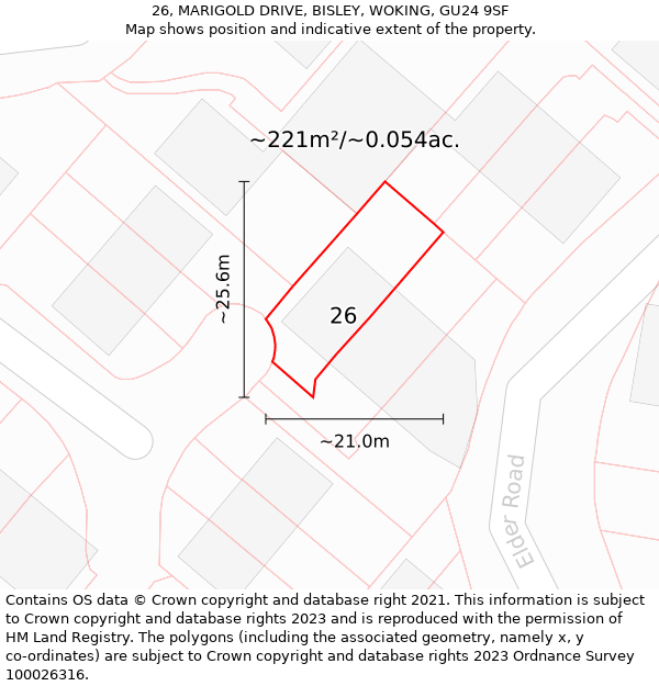 26, MARIGOLD DRIVE, BISLEY, WOKING, GU24 9SF: Plot and title map