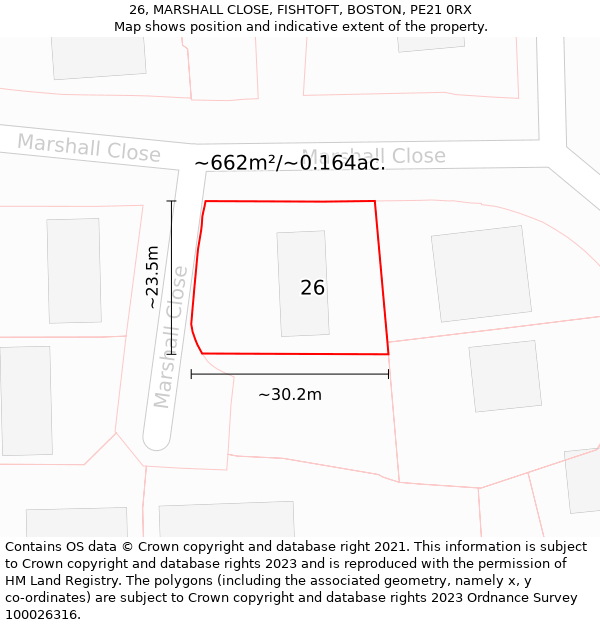 26, MARSHALL CLOSE, FISHTOFT, BOSTON, PE21 0RX: Plot and title map