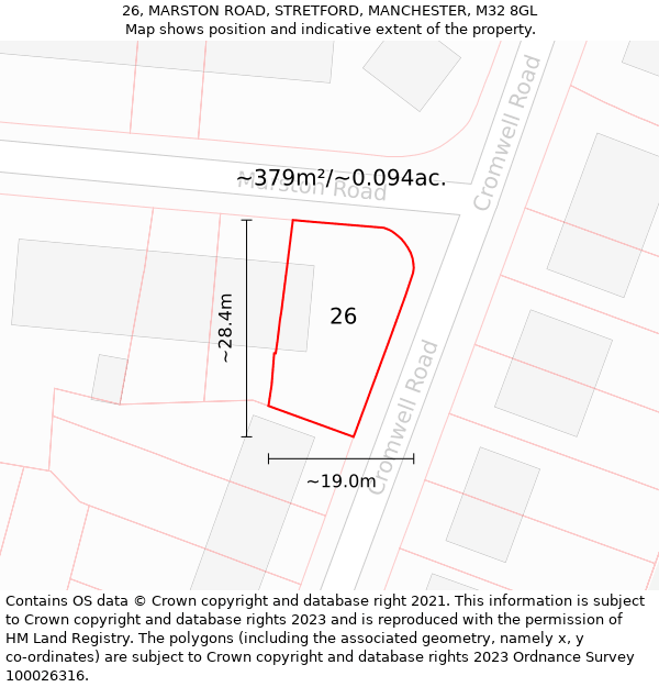 26, MARSTON ROAD, STRETFORD, MANCHESTER, M32 8GL: Plot and title map