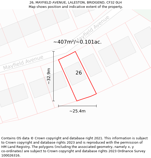 26, MAYFIELD AVENUE, LALESTON, BRIDGEND, CF32 0LH: Plot and title map