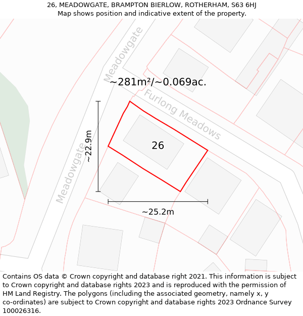 26, MEADOWGATE, BRAMPTON BIERLOW, ROTHERHAM, S63 6HJ: Plot and title map