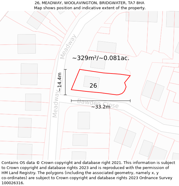 26, MEADWAY, WOOLAVINGTON, BRIDGWATER, TA7 8HA: Plot and title map