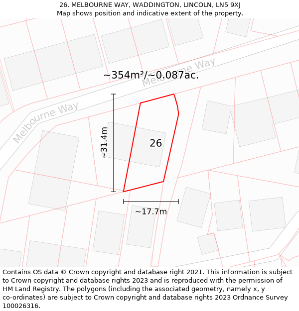 26, MELBOURNE WAY, WADDINGTON, LINCOLN, LN5 9XJ: Plot and title map