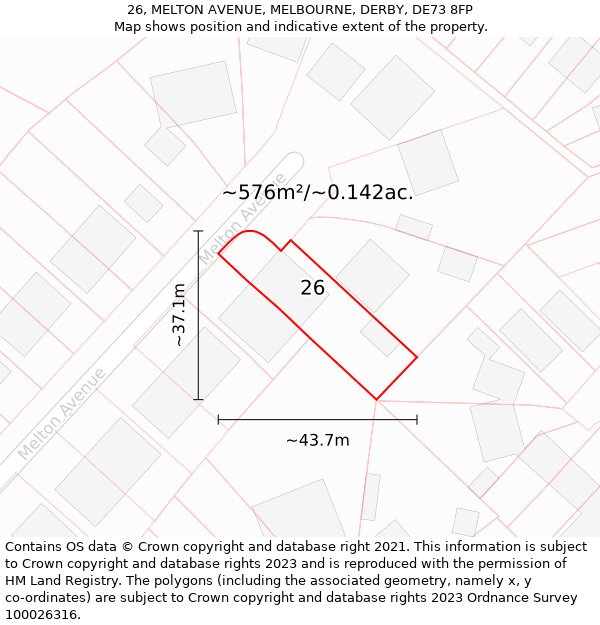 26, MELTON AVENUE, MELBOURNE, DERBY, DE73 8FP: Plot and title map