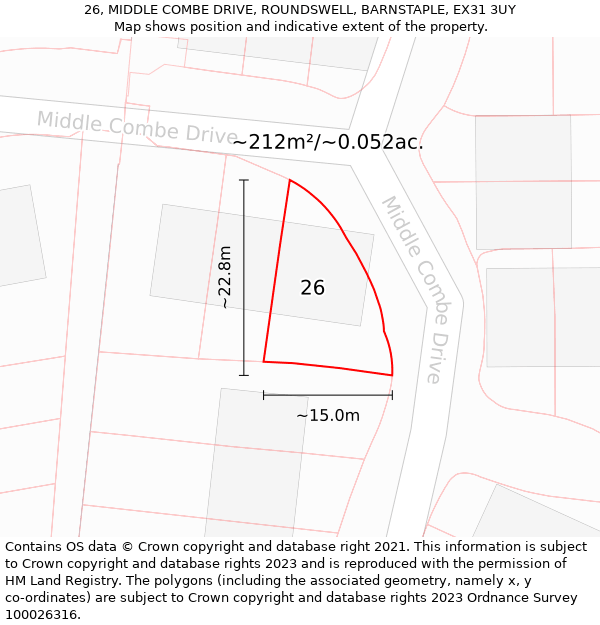 26, MIDDLE COMBE DRIVE, ROUNDSWELL, BARNSTAPLE, EX31 3UY: Plot and title map