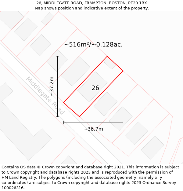 26, MIDDLEGATE ROAD, FRAMPTON, BOSTON, PE20 1BX: Plot and title map