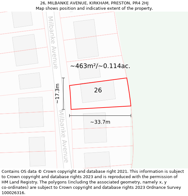 26, MILBANKE AVENUE, KIRKHAM, PRESTON, PR4 2HJ: Plot and title map