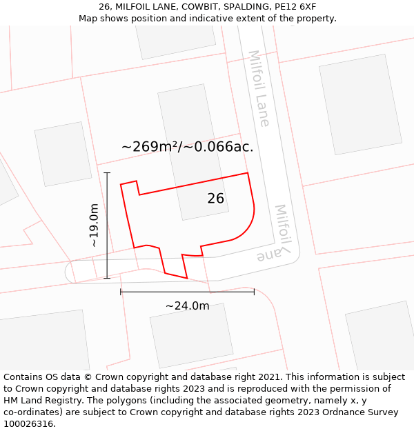 26, MILFOIL LANE, COWBIT, SPALDING, PE12 6XF: Plot and title map