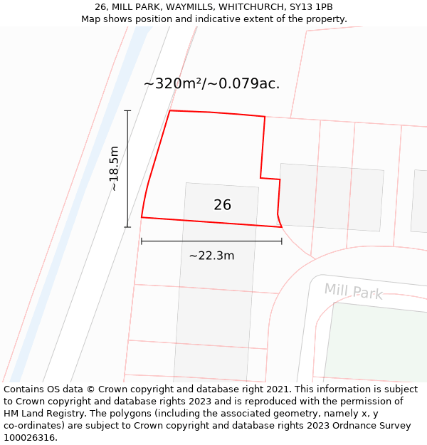 26, MILL PARK, WAYMILLS, WHITCHURCH, SY13 1PB: Plot and title map