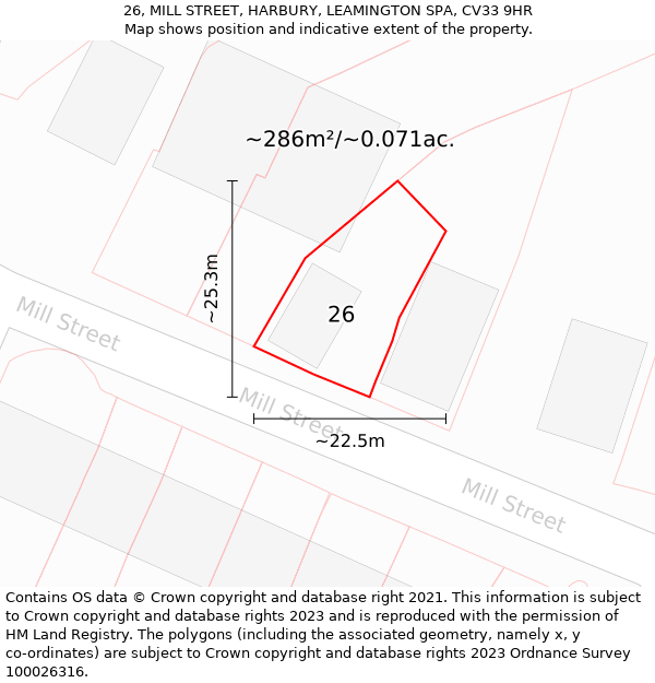 26, MILL STREET, HARBURY, LEAMINGTON SPA, CV33 9HR: Plot and title map