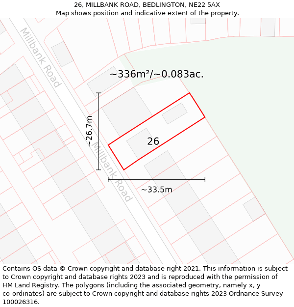 26, MILLBANK ROAD, BEDLINGTON, NE22 5AX: Plot and title map