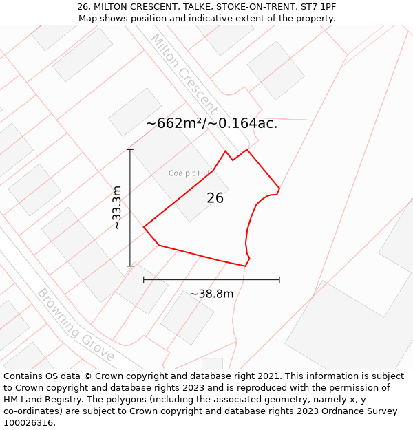 26, MILTON CRESCENT, TALKE, STOKE-ON-TRENT, ST7 1PF: Plot and title map