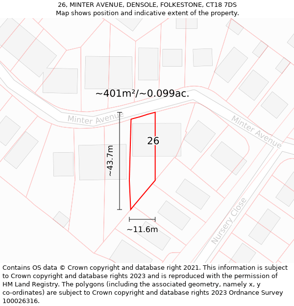 26, MINTER AVENUE, DENSOLE, FOLKESTONE, CT18 7DS: Plot and title map