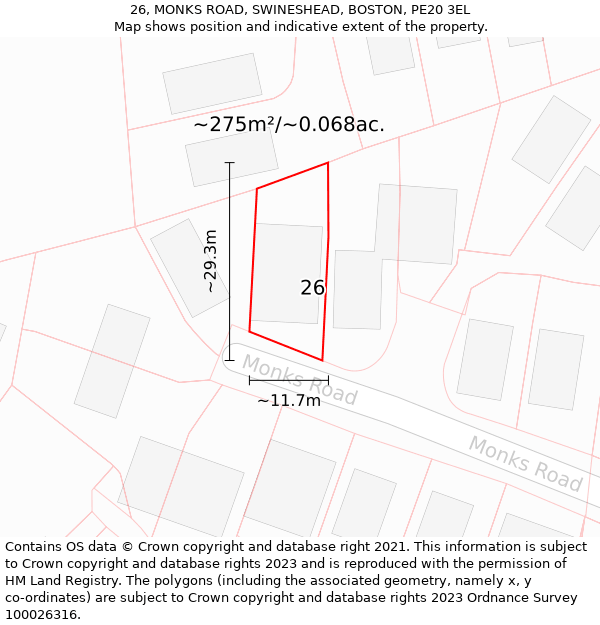 26, MONKS ROAD, SWINESHEAD, BOSTON, PE20 3EL: Plot and title map