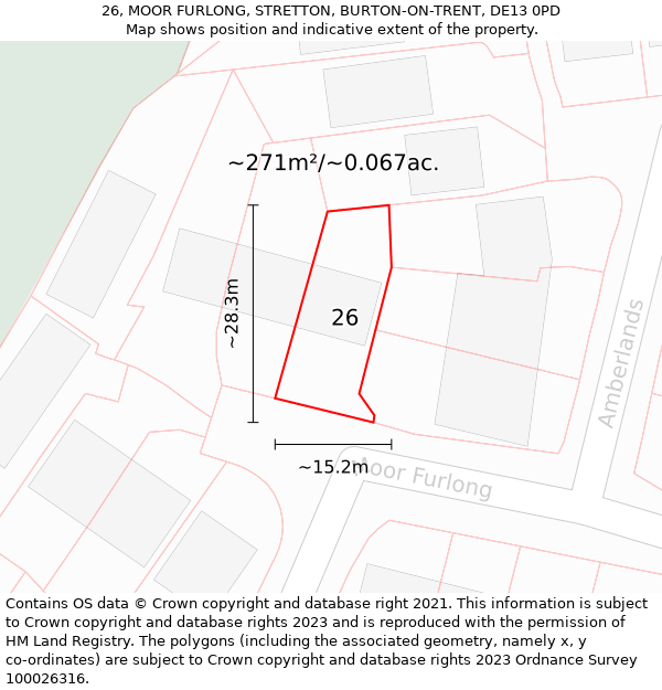 26, MOOR FURLONG, STRETTON, BURTON-ON-TRENT, DE13 0PD: Plot and title map