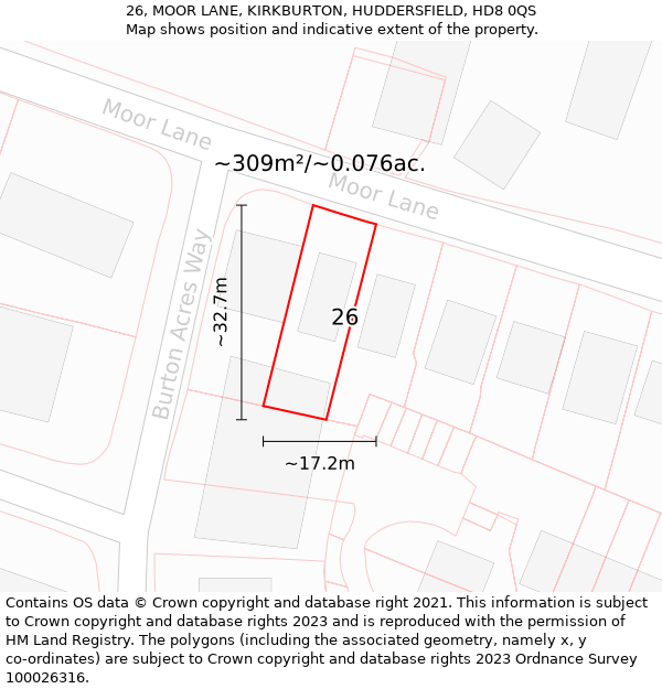 26, MOOR LANE, KIRKBURTON, HUDDERSFIELD, HD8 0QS: Plot and title map